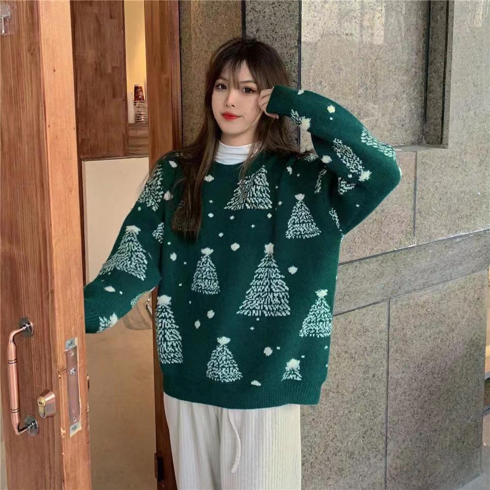 Women's Christmas tree jacquard sweater in wine red