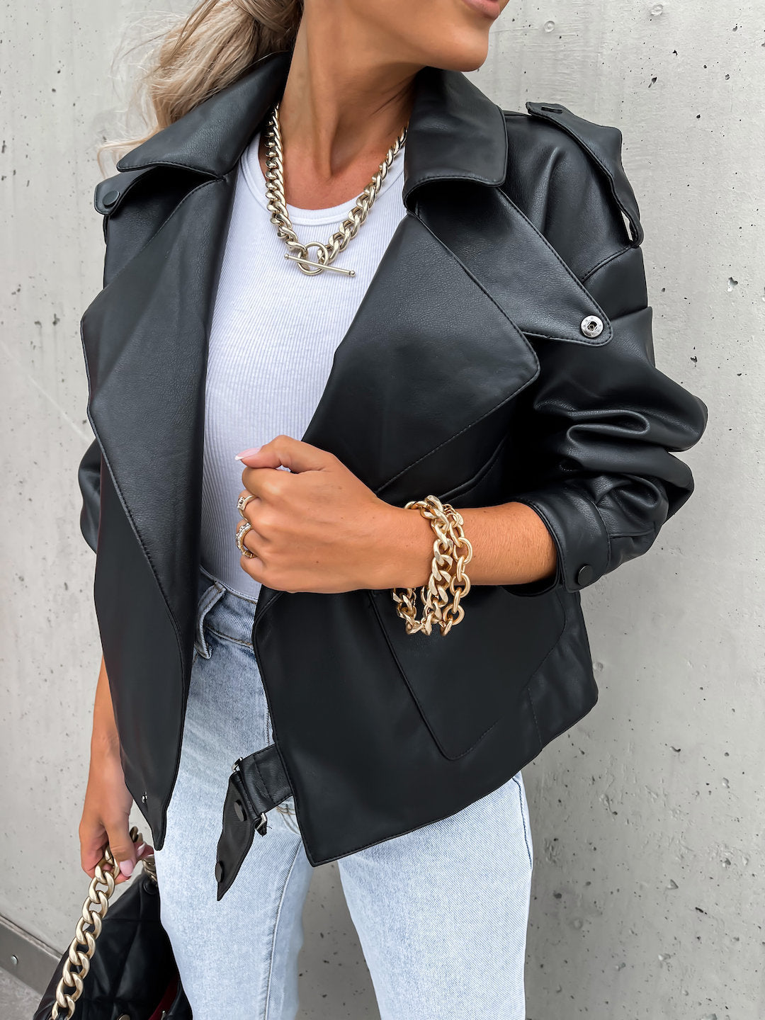 Women's loose lapel PU leather jacket front view