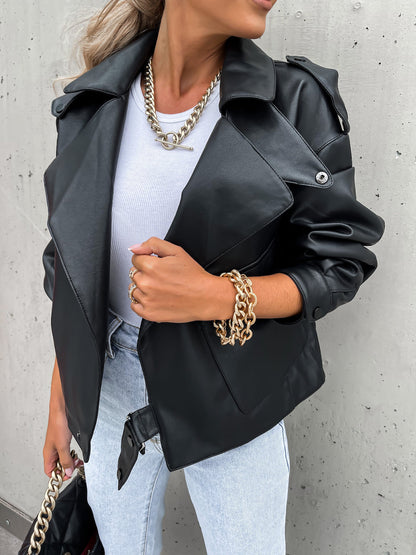 Women's loose lapel PU leather jacket front view
