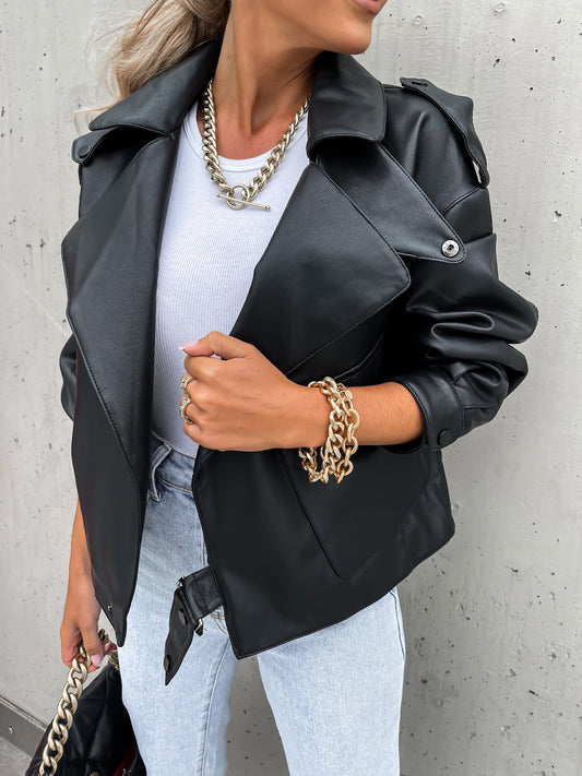 Women's loose lapel PU leather jacket front view
