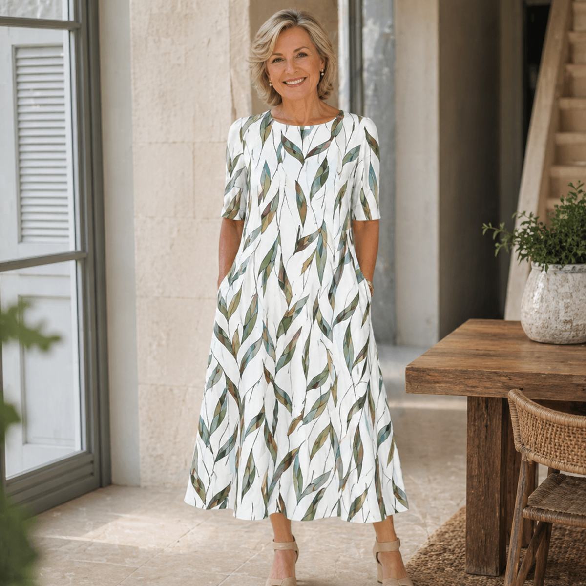 Woman wearing printed midi dress with side pockets