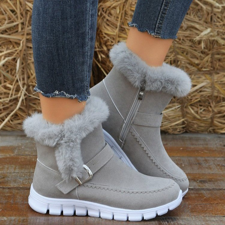 Women's flat plush lined ankle boots with buckle