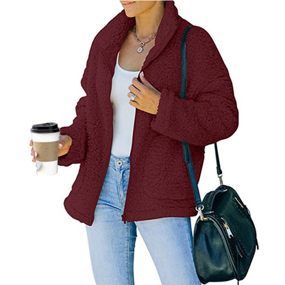 Women's plush basic jacket in army green, khaki and apricot