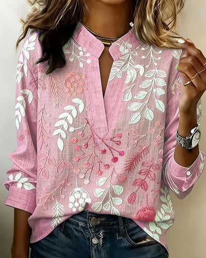 Women's draped V-neck floral blouse - pink