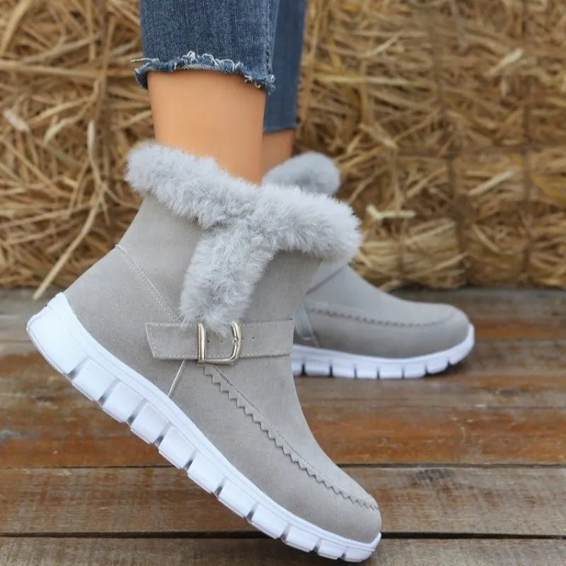 Women's flat plush lined ankle boots with buckle
