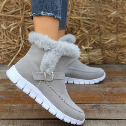 Women's flat plush lined ankle boots with buckle
