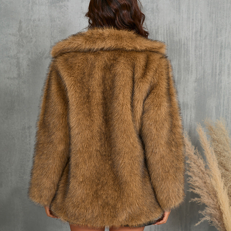 Long faux fur coat with lapel collar for women