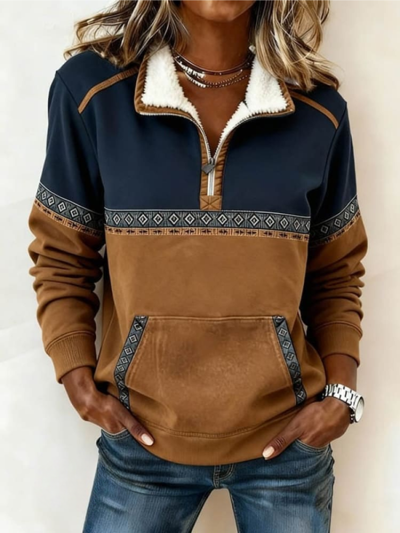 Ilinca - Quarter-Zip Hoodie with Geometric Print Band