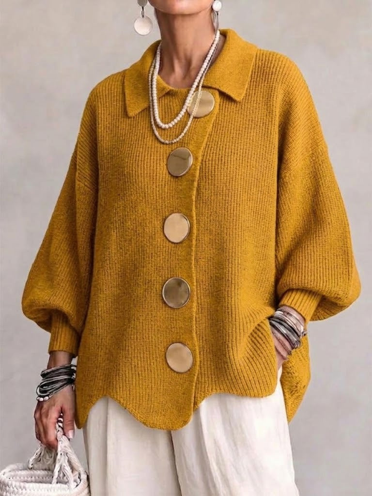 Woman wearing oversized cardigan with lantern sleeves