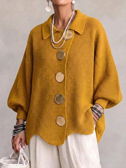 Woman wearing oversized cardigan with lantern sleeves