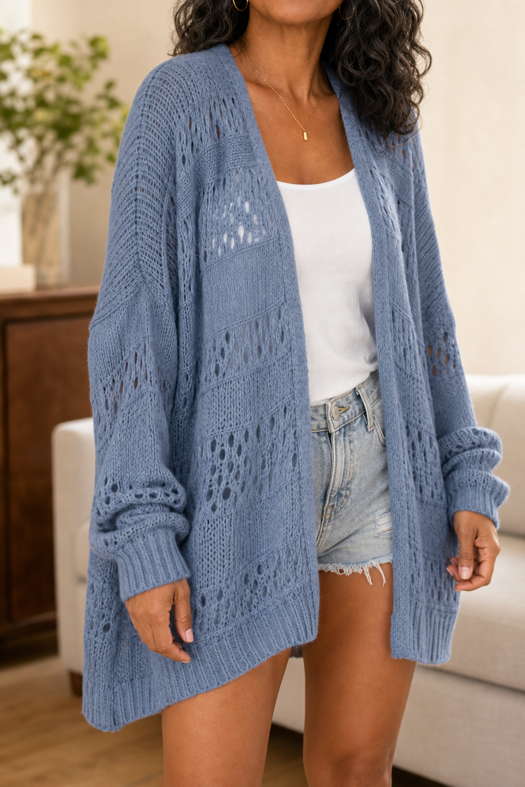Danika - Pointelle Open-Front Batwing Cardigan