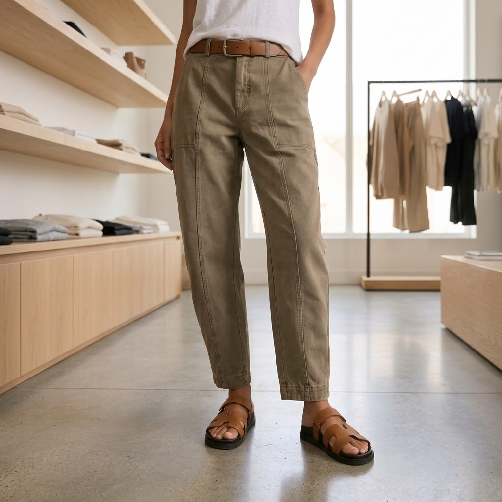 Woman wearing high waist tailored utility pants with pockets
