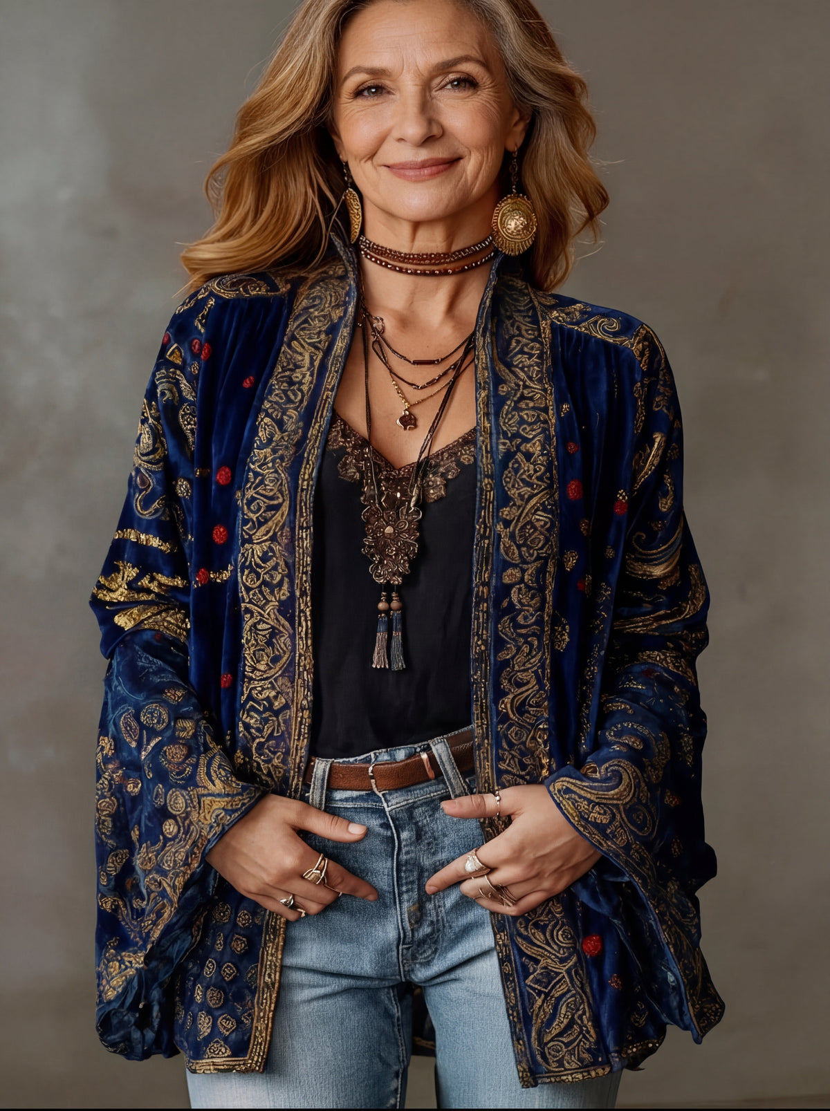 Women's boho kimono jacket with relaxed open front