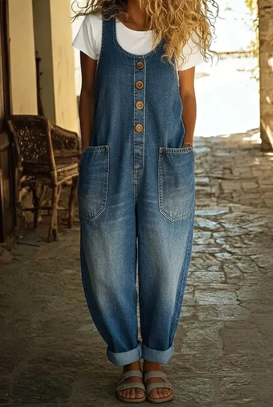 Women's wide-leg denim jumpsuit with adjustable straps
