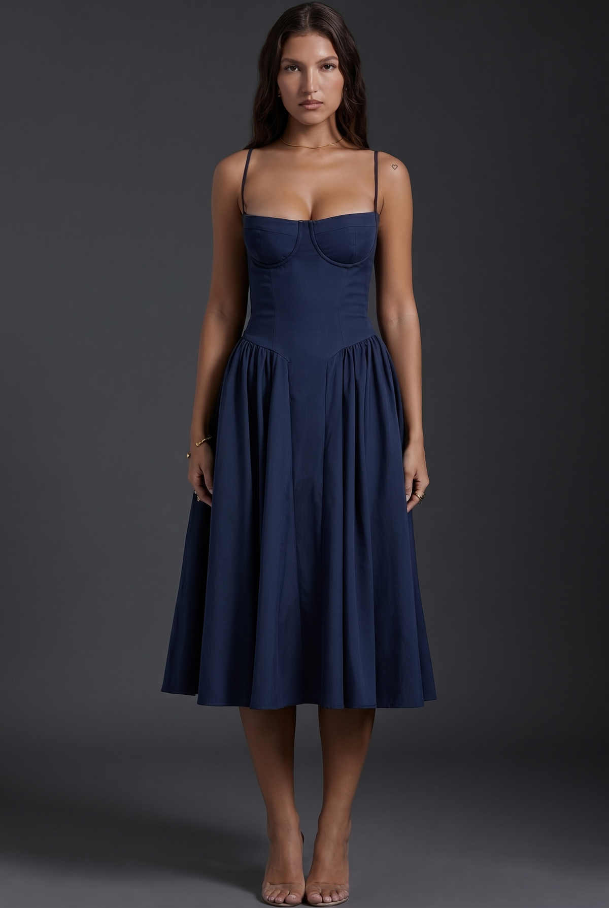 Women's midi dress with structured bodice and flared skirt