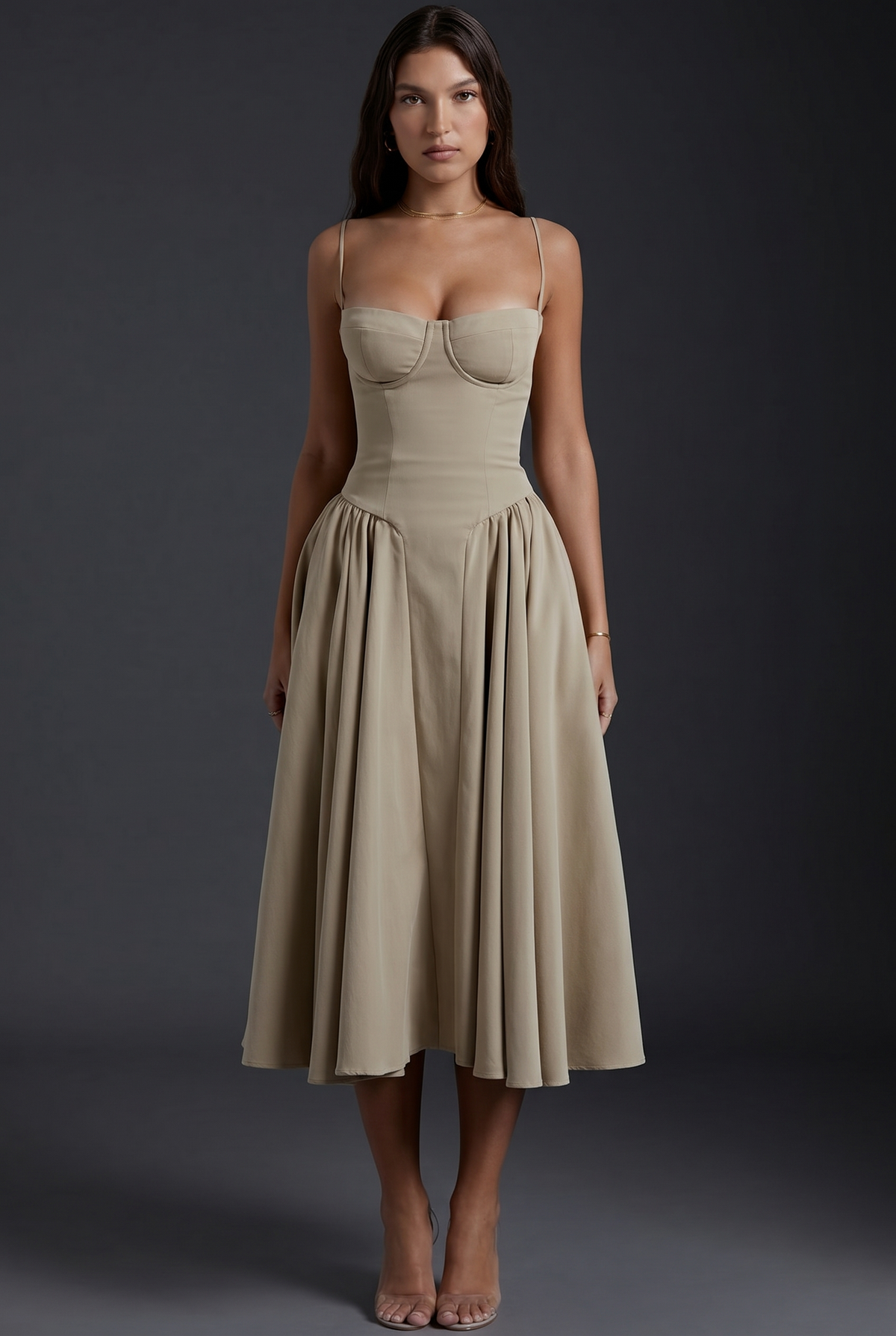 Women's midi dress with structured bodice and flared skirt