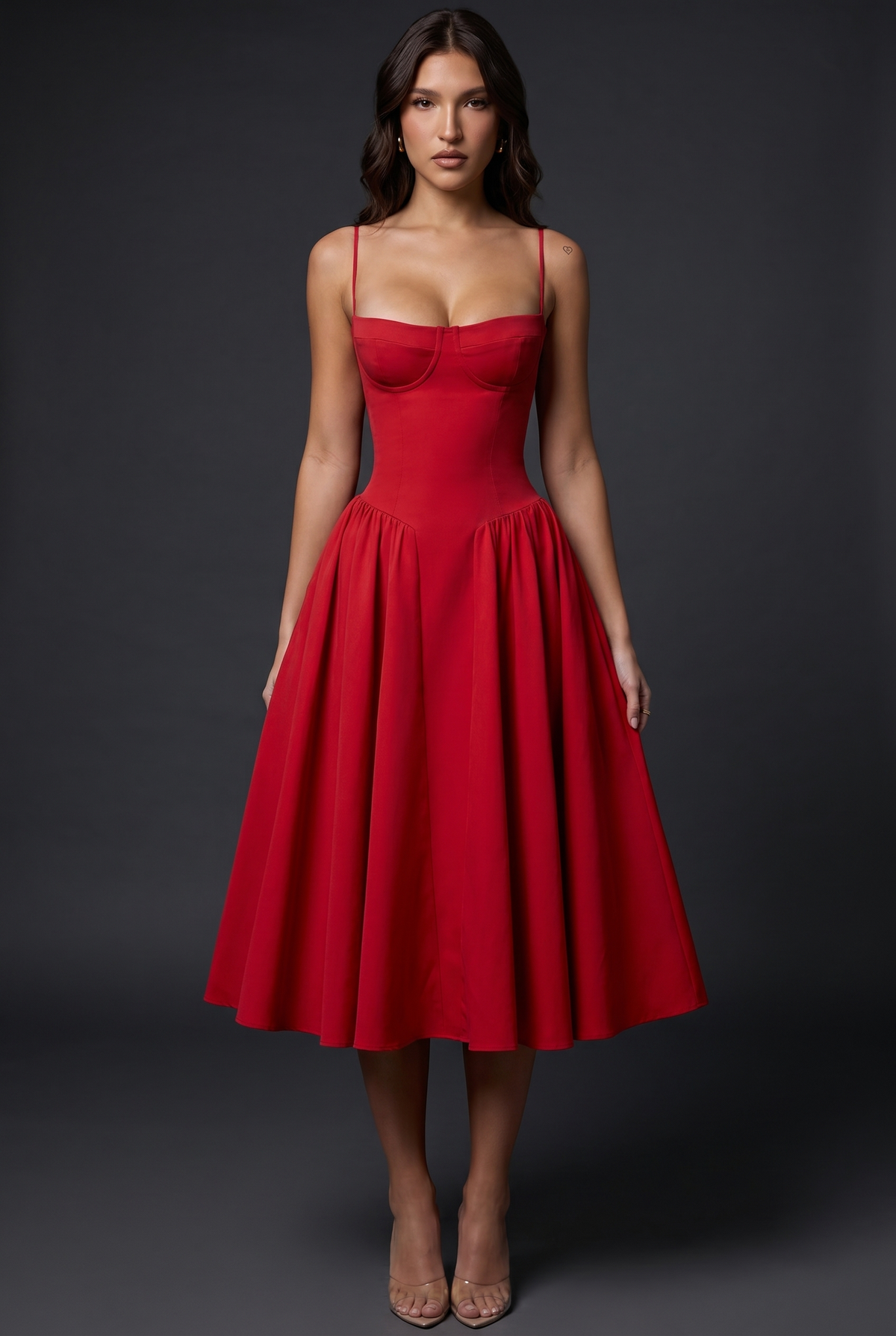 Women's midi dress with structured bodice and flared skirt