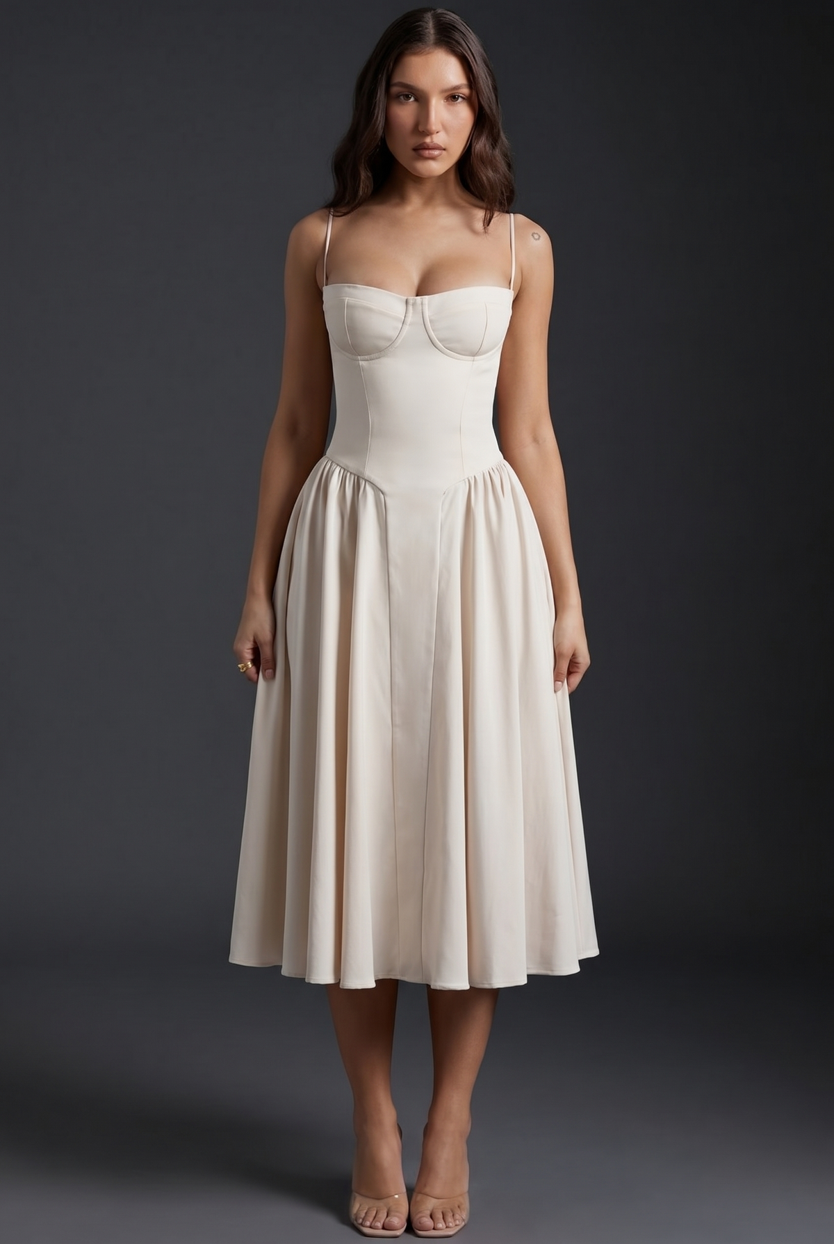 Women's midi dress with structured bodice and flared skirt