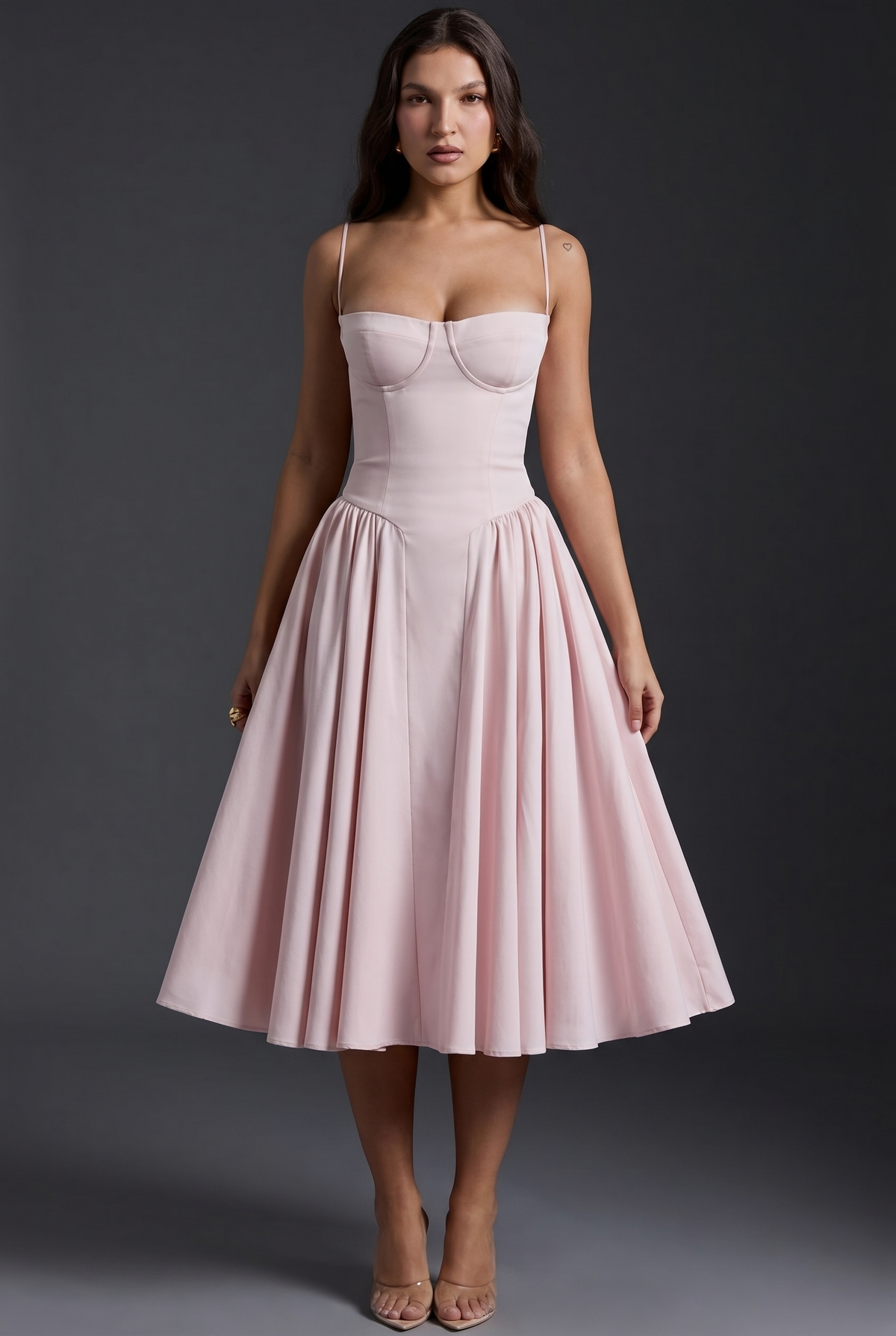 Women's midi dress with structured bodice and flared skirt