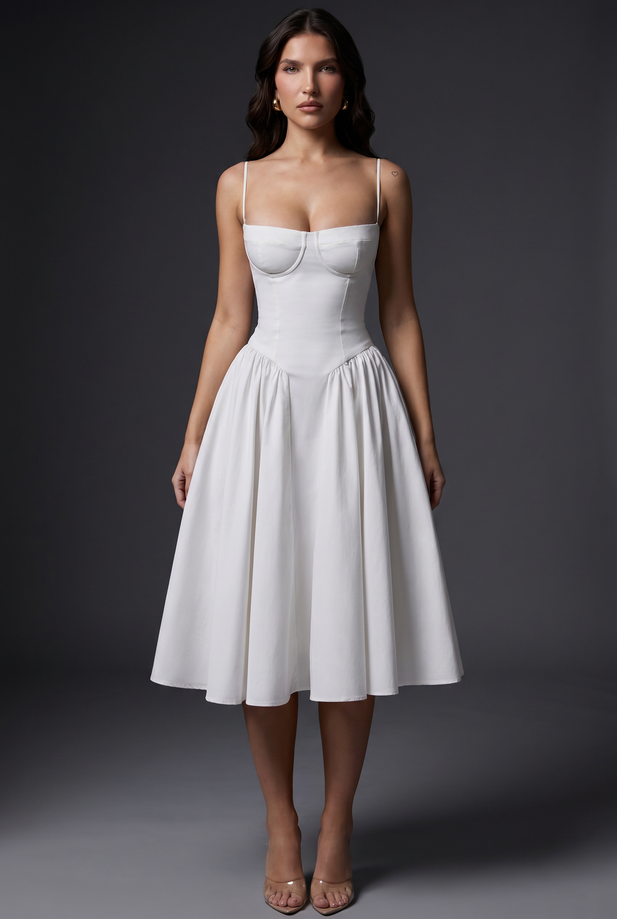 Women's midi dress with structured bodice and flared skirt