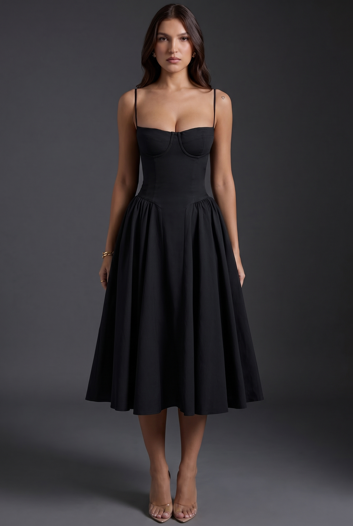 Women's midi dress with structured bodice and flared skirt
