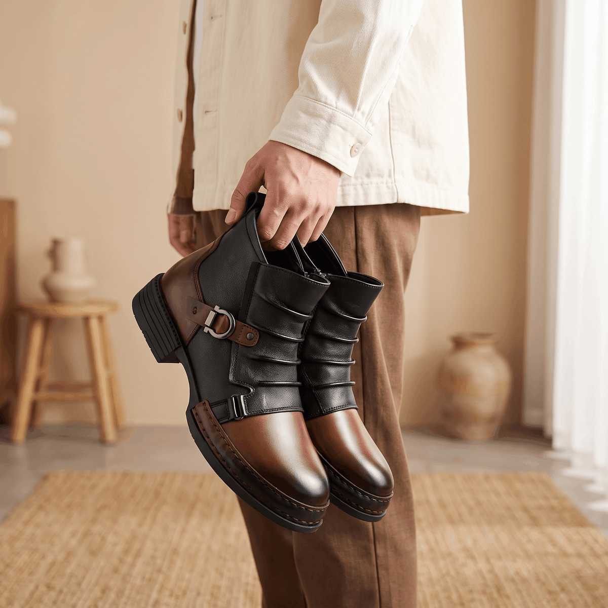 Buckled Ankle Boots with Side Zip for Men