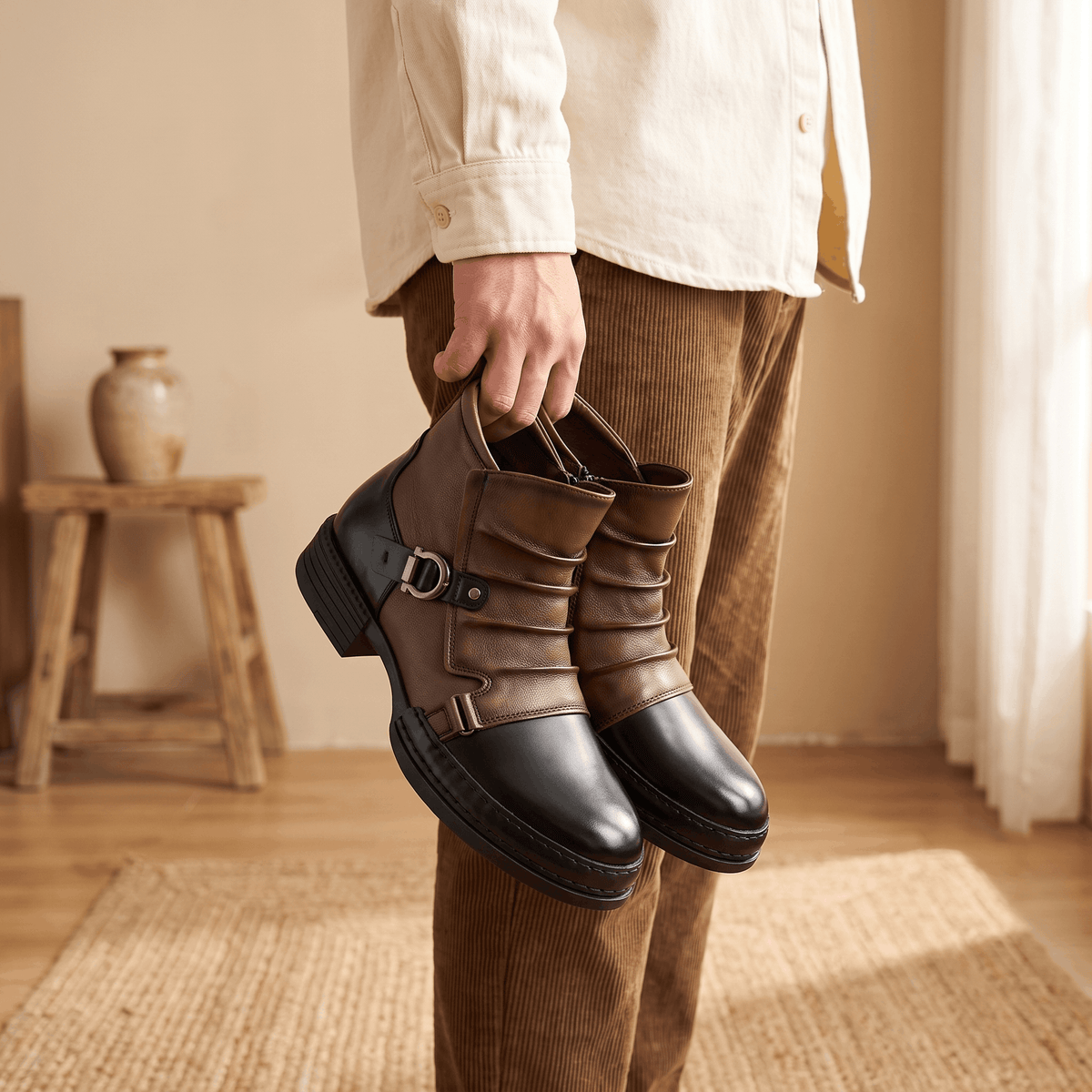 Buckled Ankle Boots with Side Zip for Men