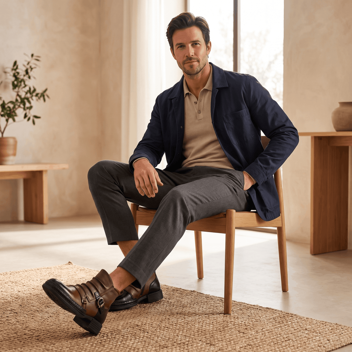 Buckled Ankle Boots with Side Zip for Men