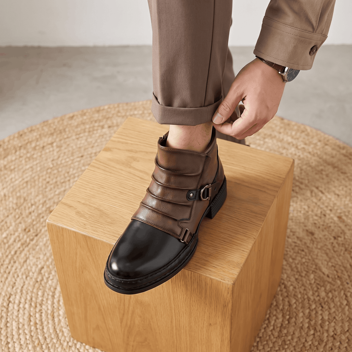 Buckled Ankle Boots with Side Zip for Men
