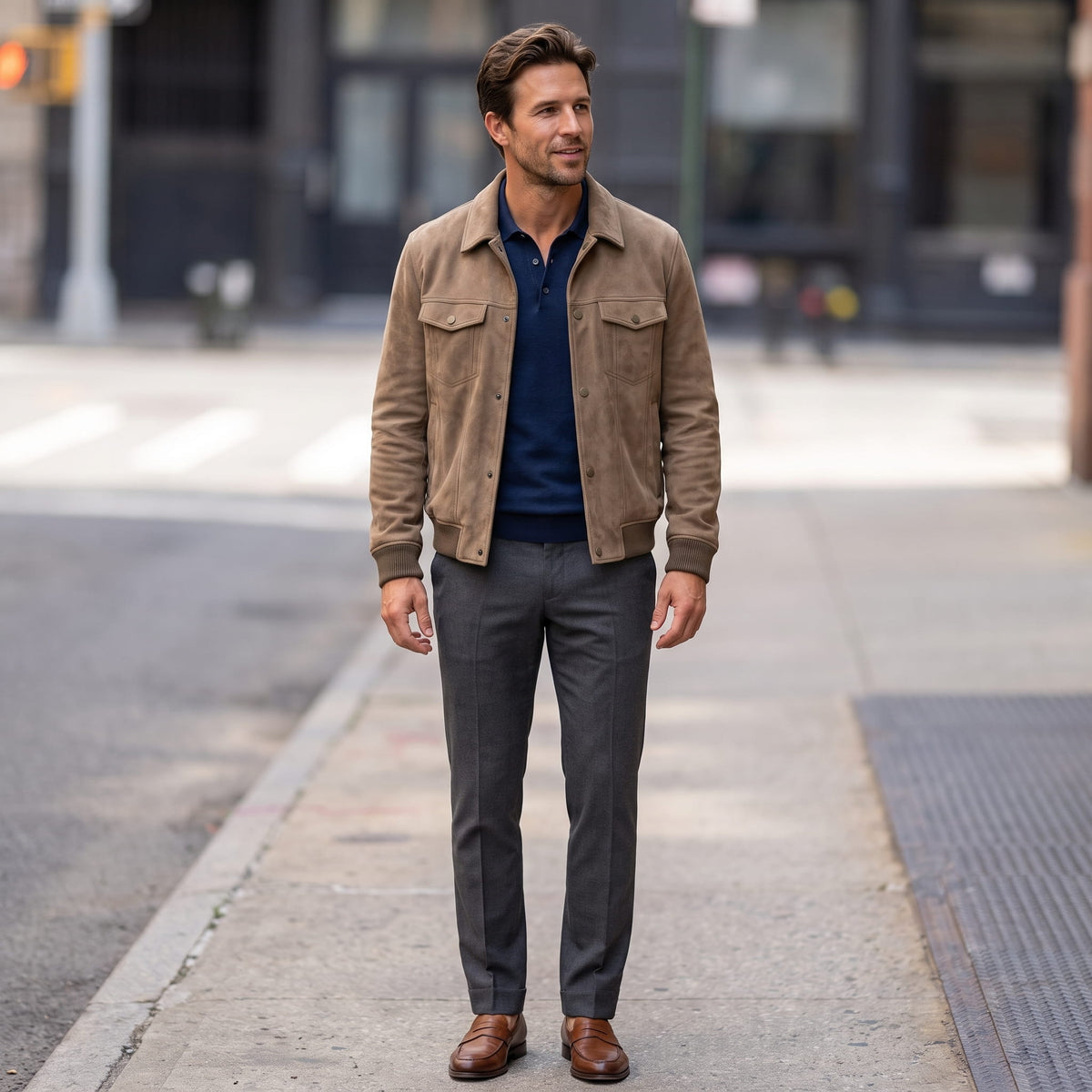 Men's suede trucker jacket with snap front