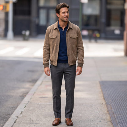 Men's suede trucker jacket with snap front