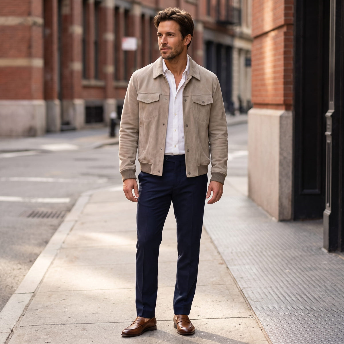 Men's suede trucker jacket with snap front