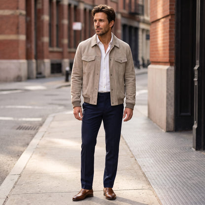 Men's suede trucker jacket with snap front