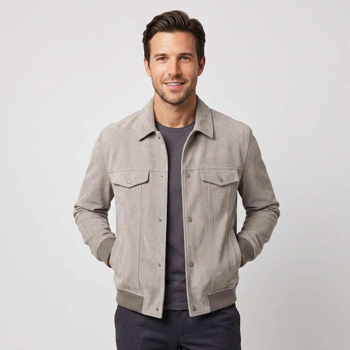 Men's suede trucker jacket with snap front - light grey