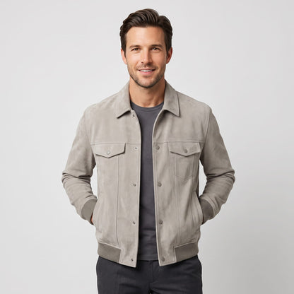 Men's suede trucker jacket with snap front - light grey