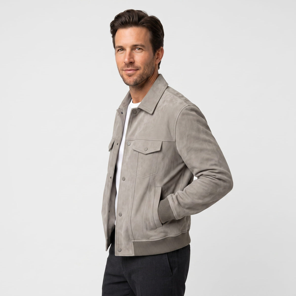 Men's suede trucker jacket with snap front