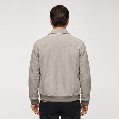 Men's suede trucker jacket with snap front