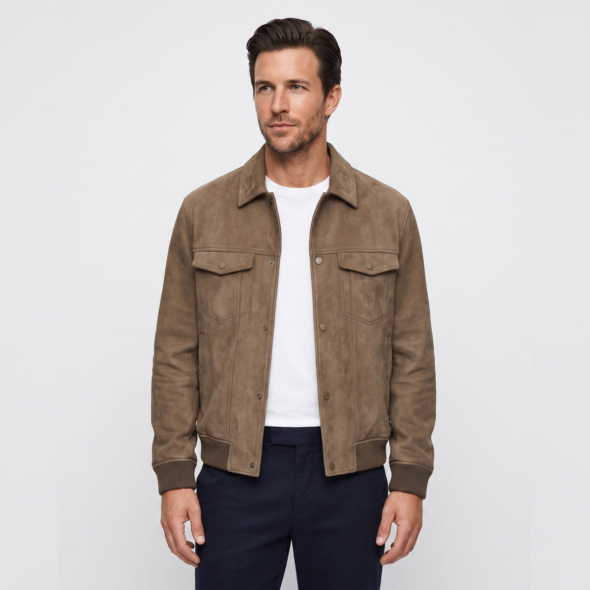Men's suede trucker jacket with snap front - khaki