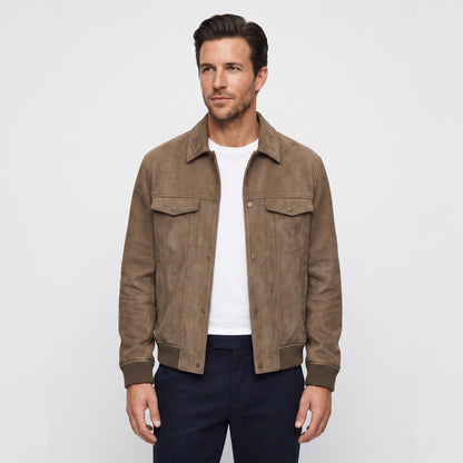 Men's suede trucker jacket with snap front - khaki