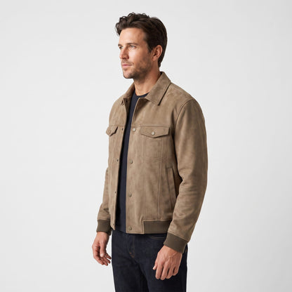 Men's suede trucker jacket with snap front
