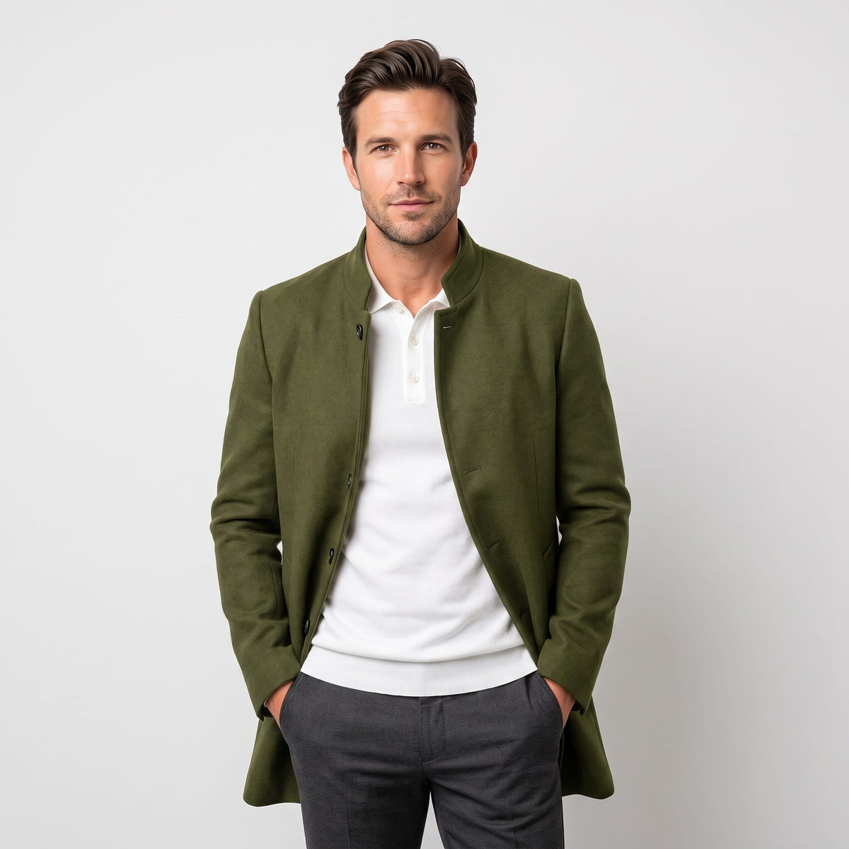 Men's longline tailored overcoat - military green