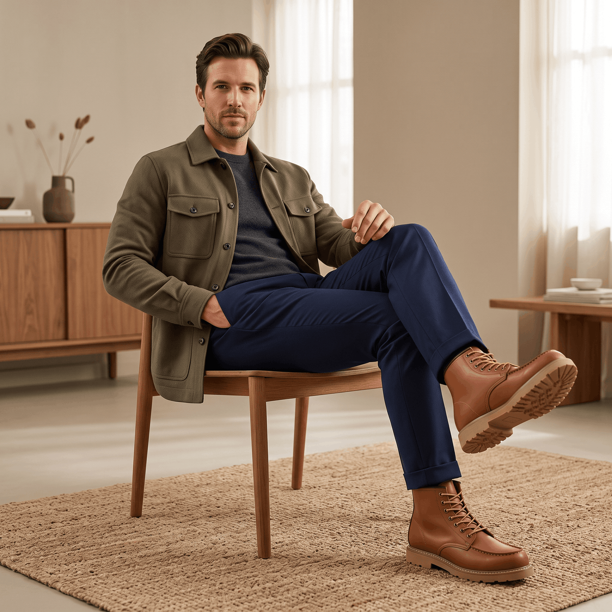 Retro Ankle Boots with Stacked Heel for Men