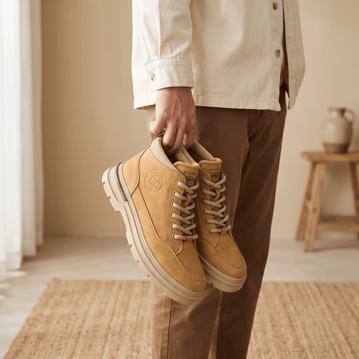 Lined Suede Winter Boots with Lugged Sole for Men