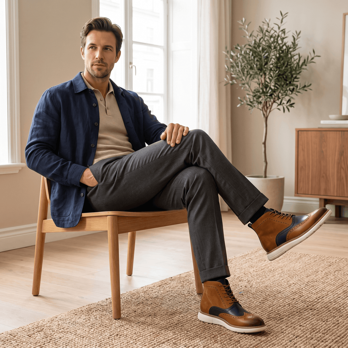 Brogue Detail Lace Up Leather Boots for Men