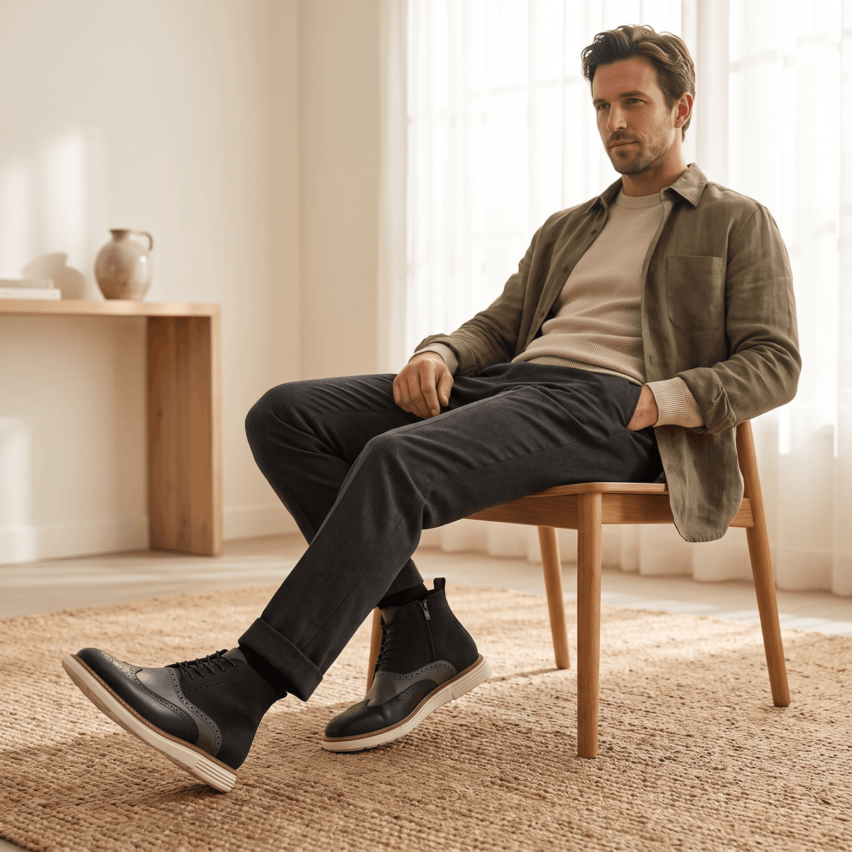 Brogue Detail Lace Up Leather Boots for Men