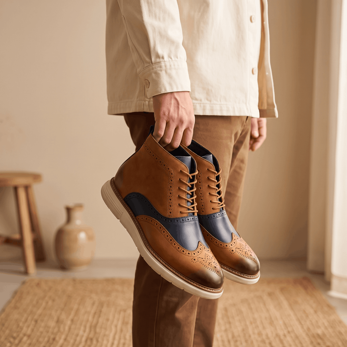Brogue Detail Lace Up Leather Boots for Men