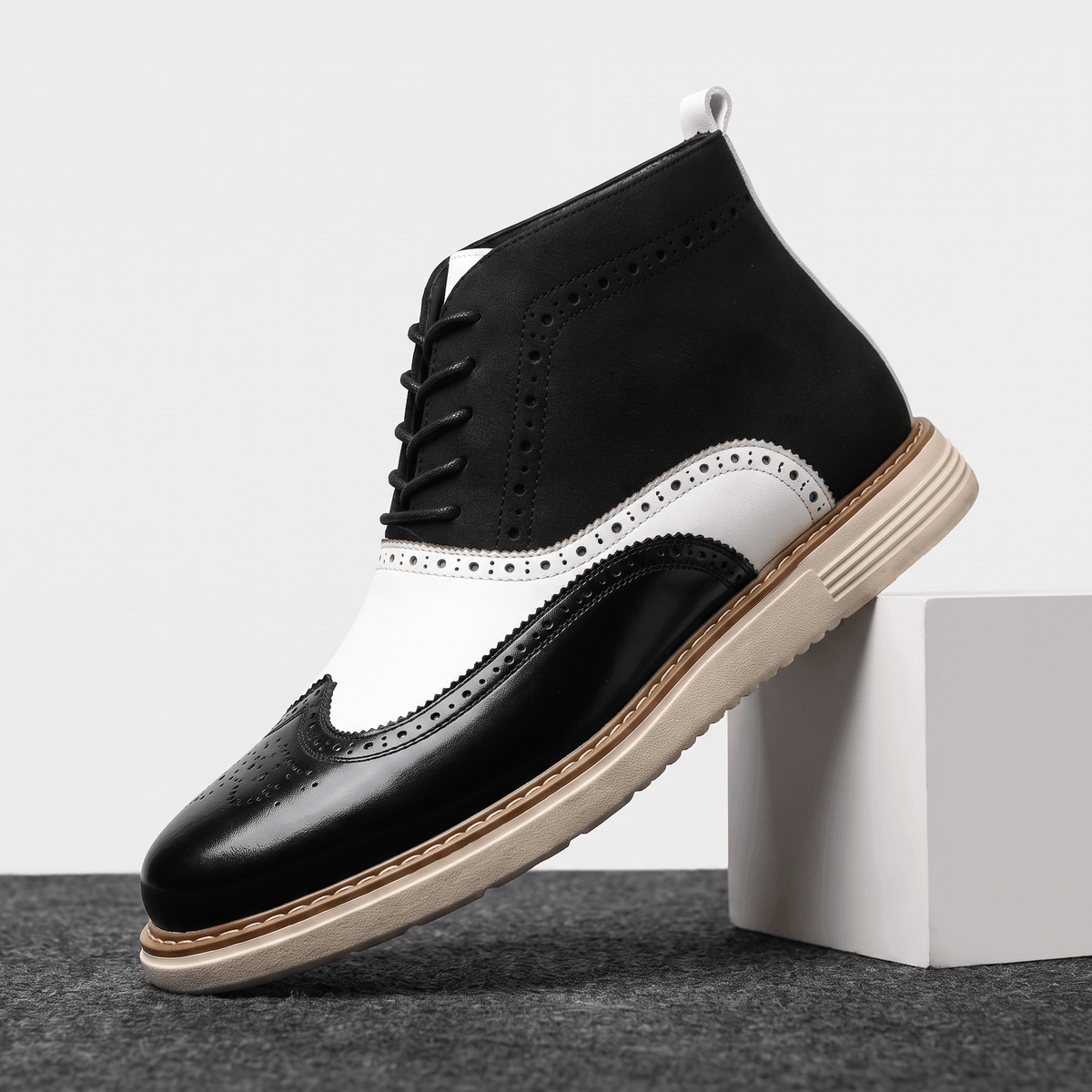 Brogue Detail Lace Up Leather Boots for Men - black