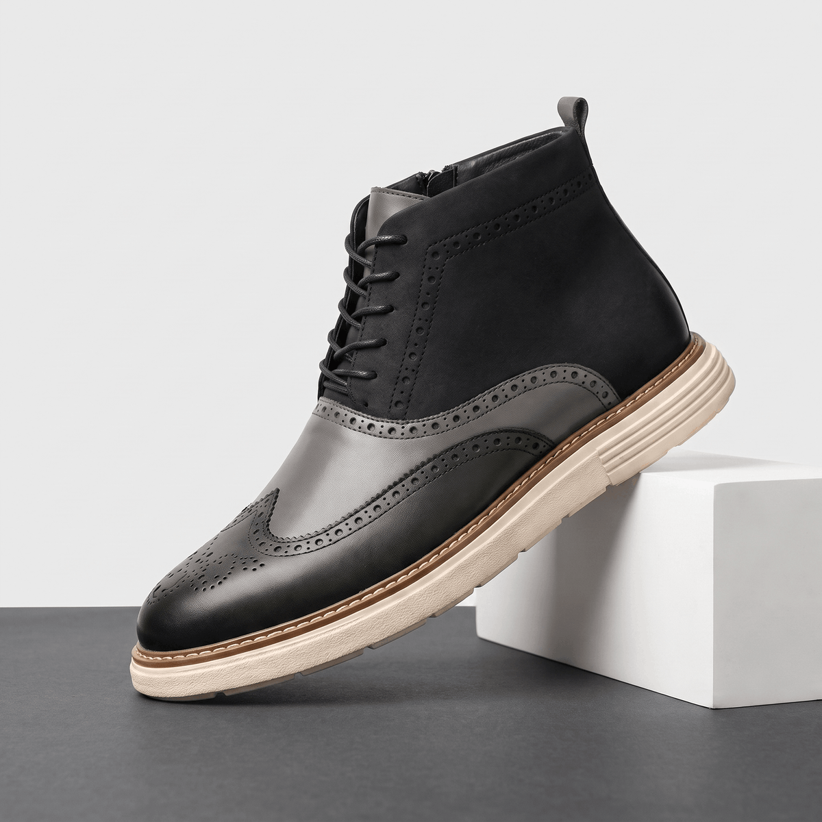 Brogue Detail Lace Up Leather Boots for Men - dark grey