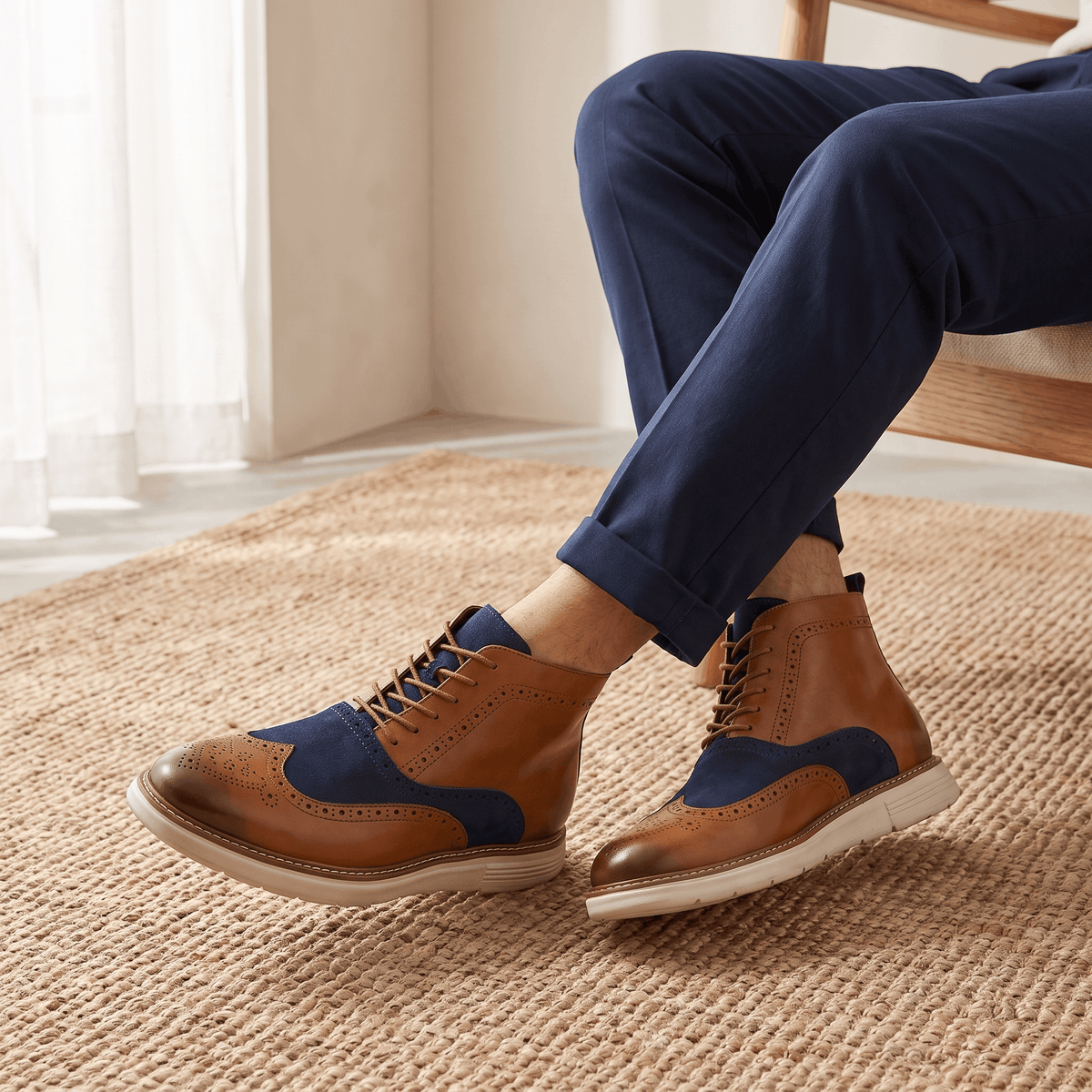 Brogue Detail Lace Up Leather Boots for Men