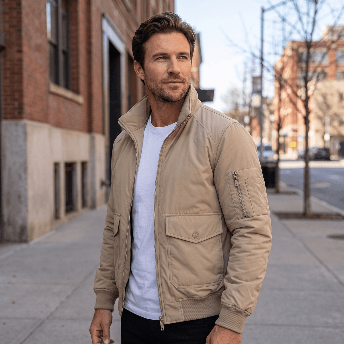 Men's stand collar bomber jacket with flap pockets